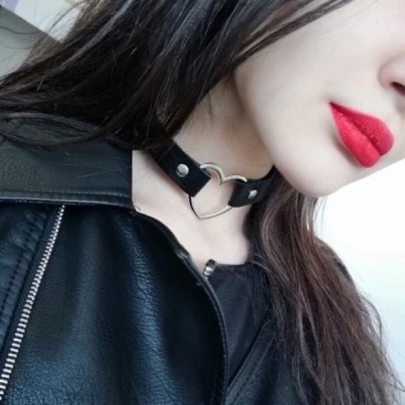 Goth Chrome Heart Choker / Wrapped Layer Bracelet w Black Adjustable Strap NIBag - Picture 4 of 14